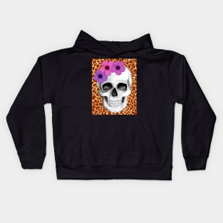 Skull With Flowers (On Giraffe Print Background) Kids Hoodie